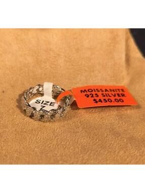 .925 Sterling Silver Moissenite Cuban Chain Ring Size 7